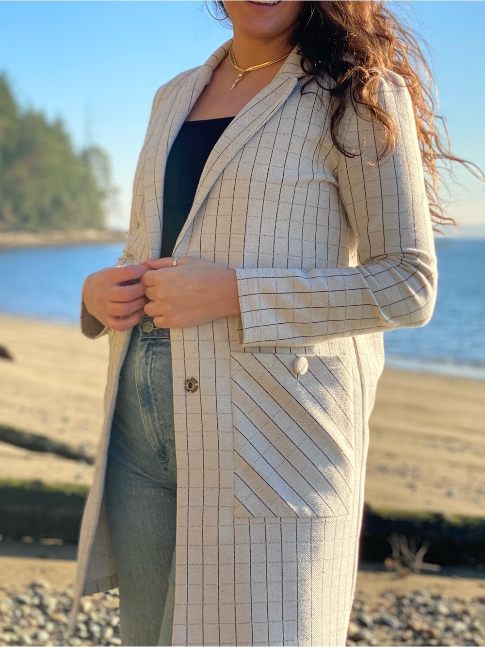 Cream Checked Longline Blazer Jacket